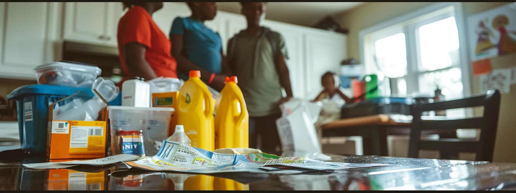 a family stands beside a stocked emergency supply kit, with maps and contact information spread out, ready to plan their evacuation routes during hurricane helene.