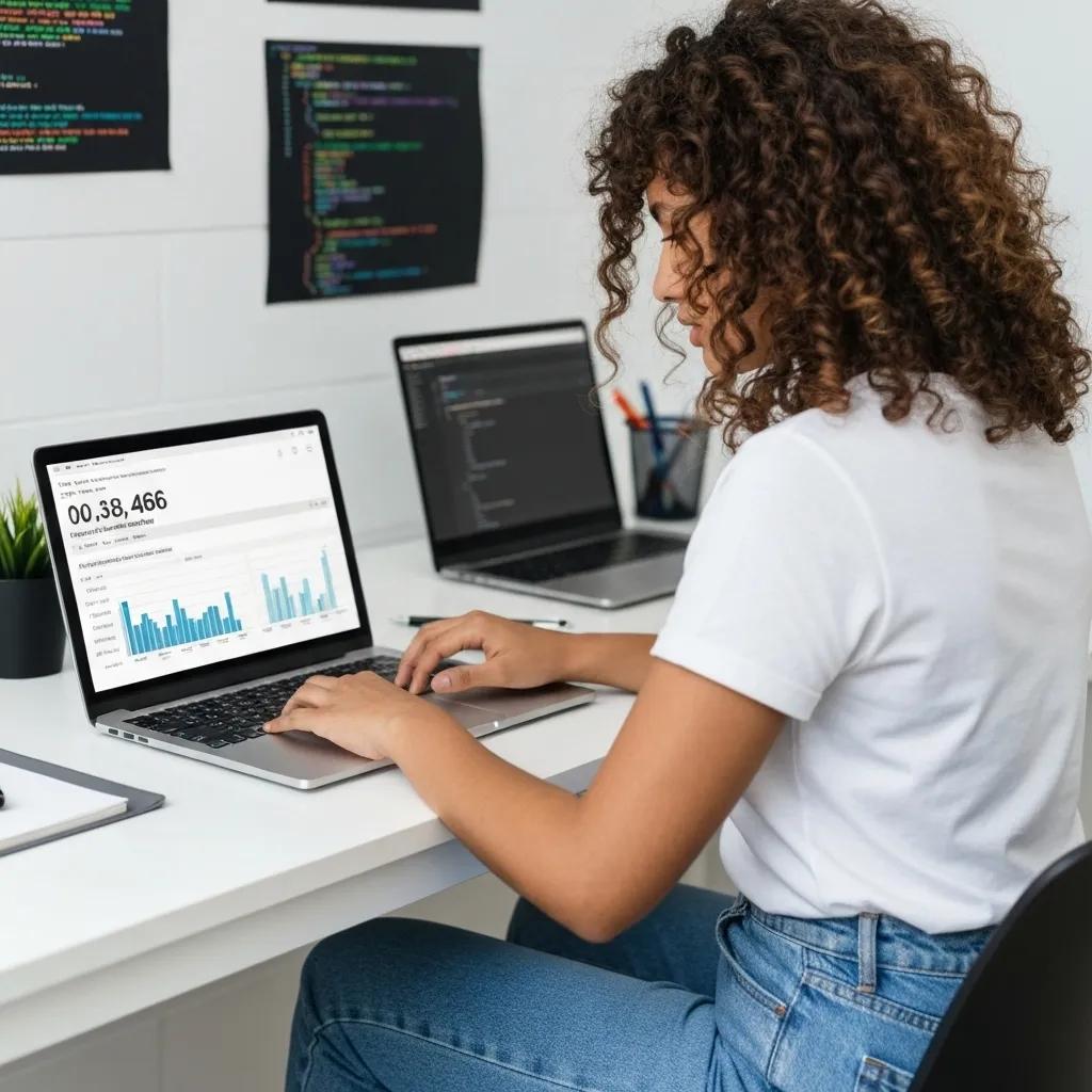 Web developer analyzing technical SEO factors on a laptop in a modern workspace