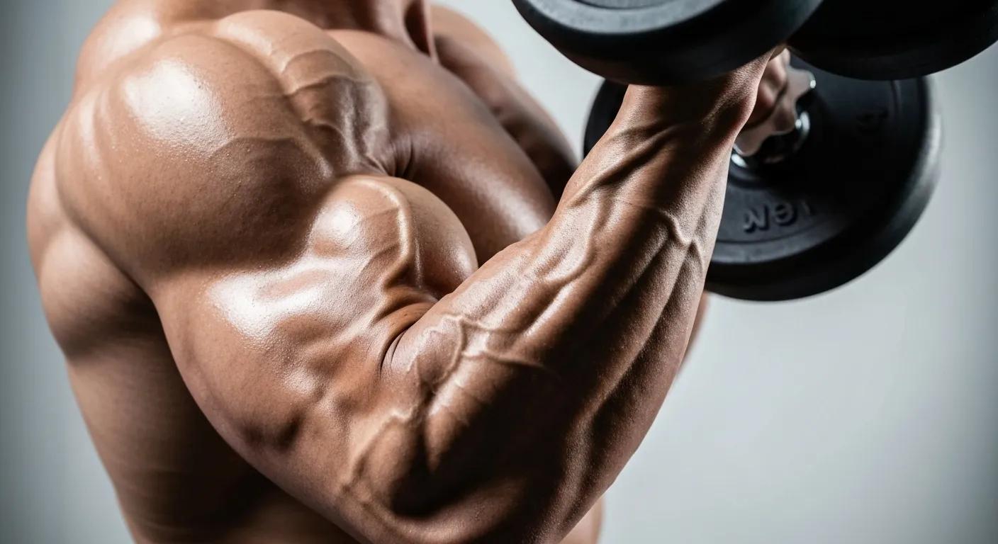 Close-up of a muscular arm lifting a dumbbell, representing muscle growth benefits of MK-677