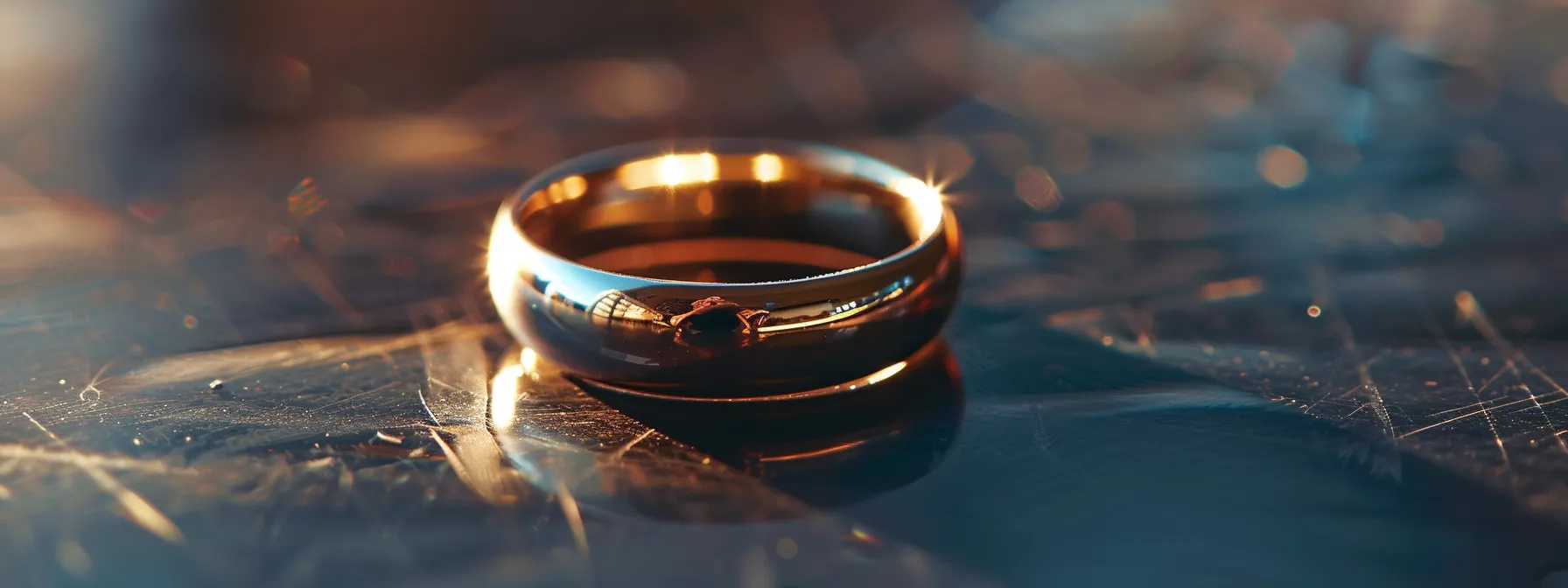 a close-up of a shiny tungsten ring gleaming in the sunlight.