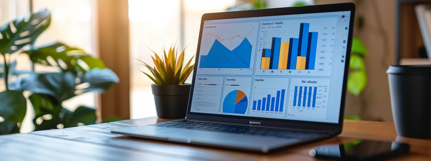 a modern, sleek website design displayed on a laptop screen with various colorful graphs and charts showing improved visibility and user engagement due to comprehensive seo strategies.