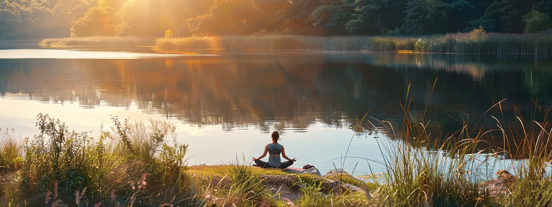 a taurus practicing yoga by a serene lake, finding balance and strength in nature.