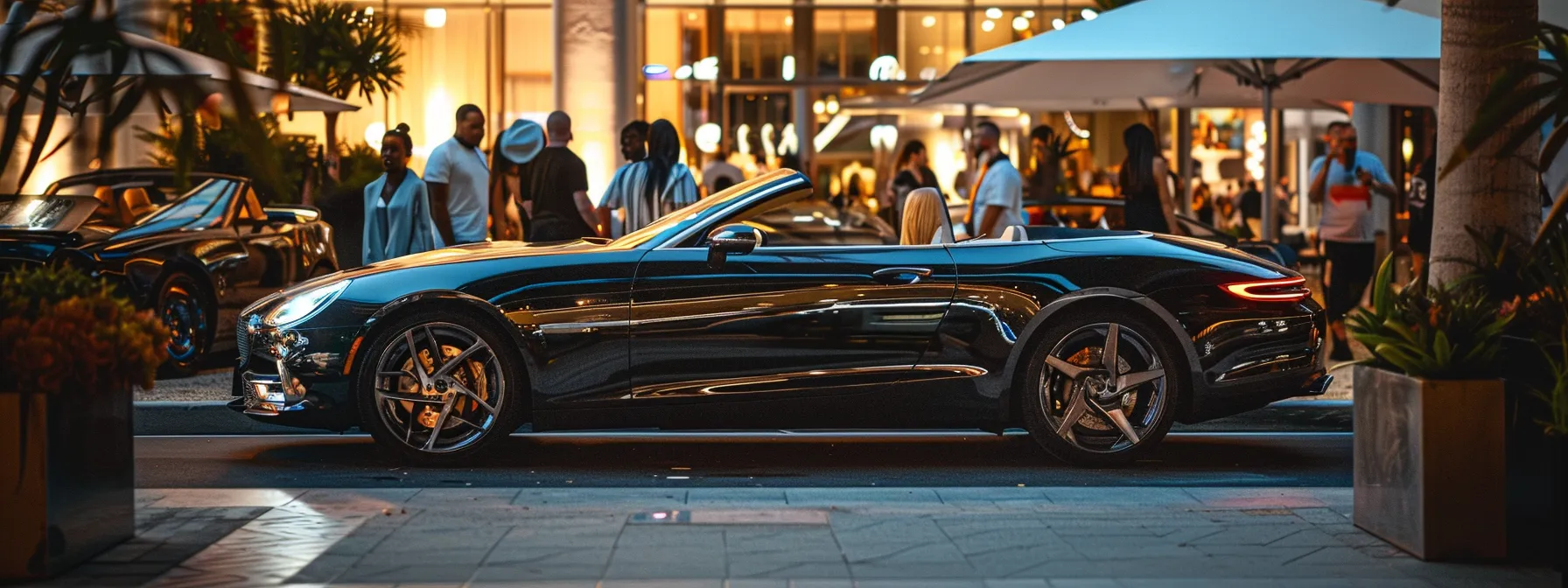 a sleek, luxury convertible parked at a glamorous car club event, surrounded by fellow enthusiasts and stylish accessories.