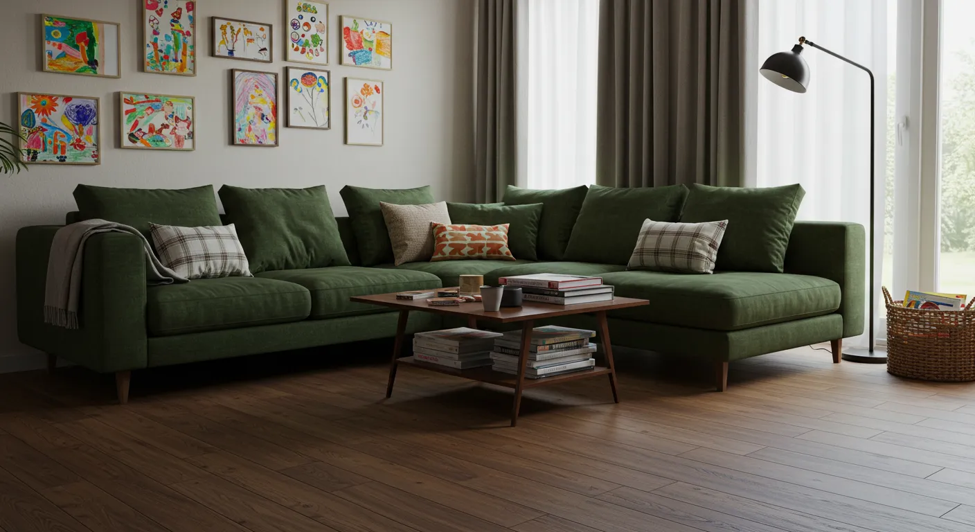 Modern family living room with medium-tone engineered hardwood floors and cozy decor Modern family living room with medium-tone engineered hardwood floors and cozy decor
