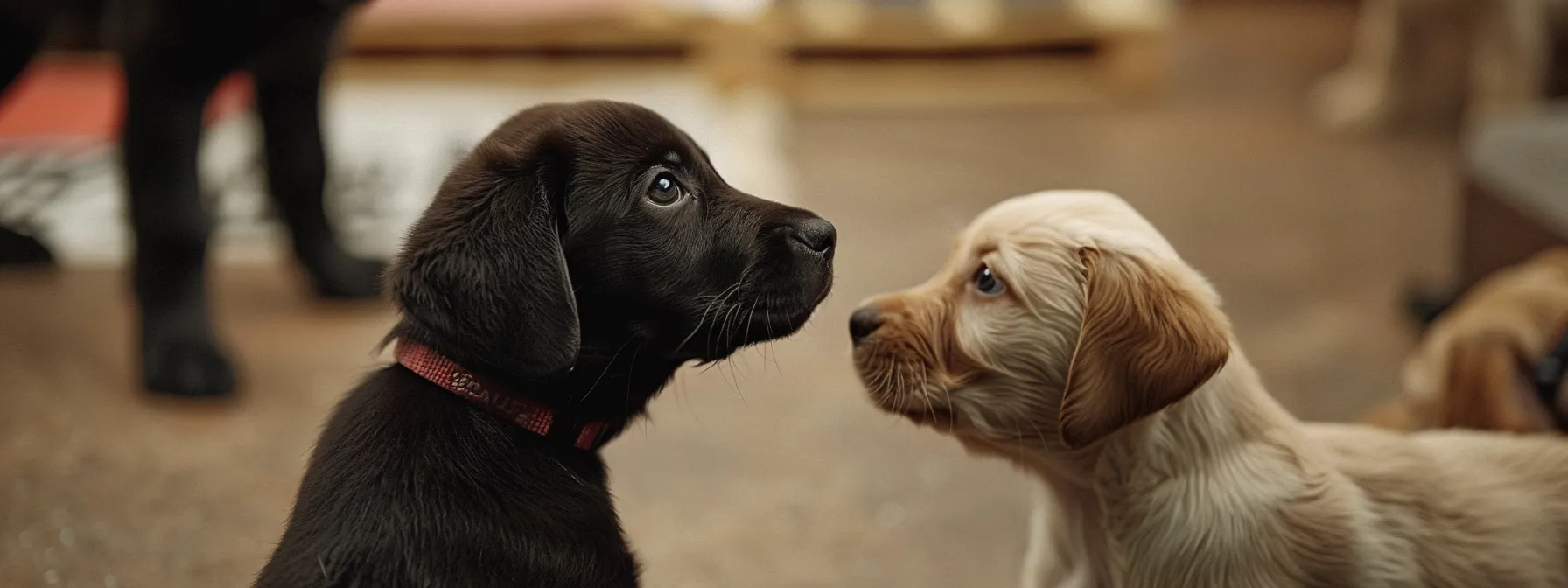 puppies playing and interacting with each other in a structured training class.