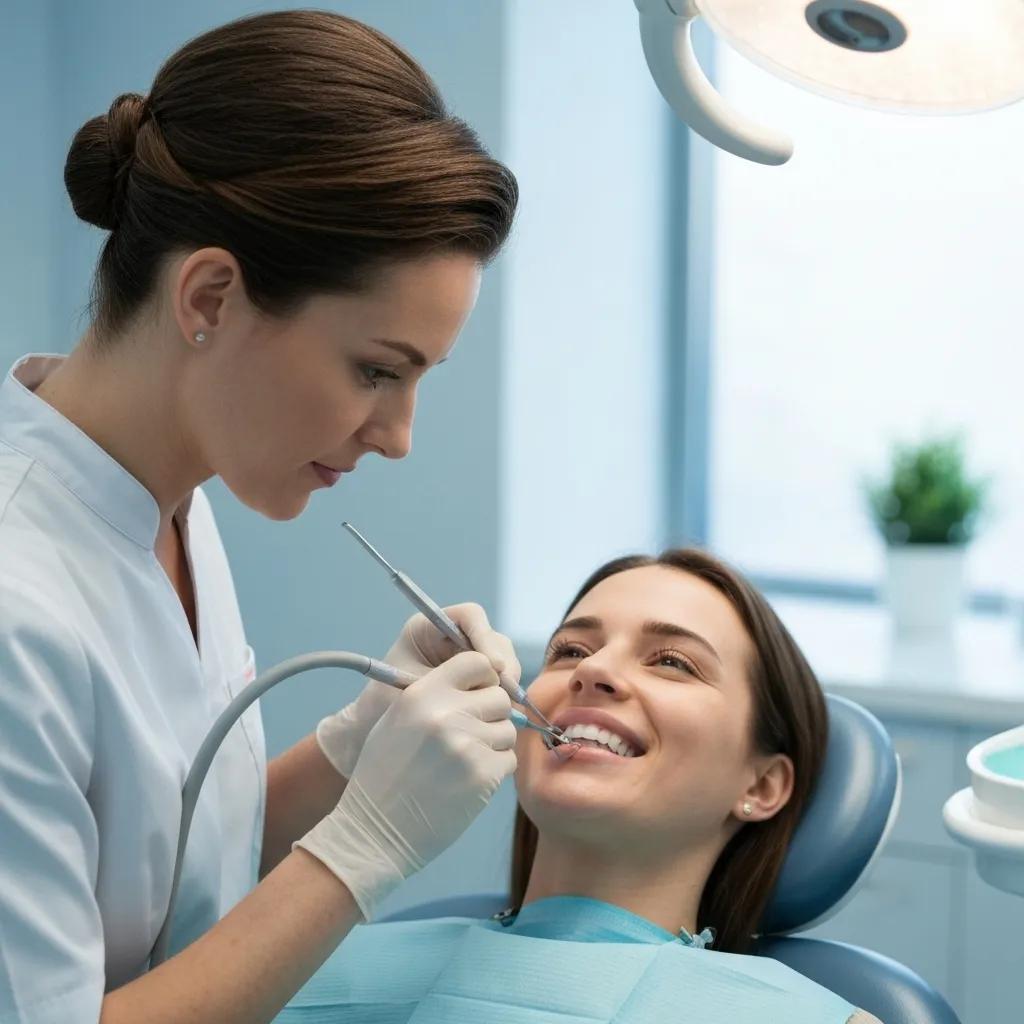 Dental professional applying porcelain veneers to a patient's teeth during a smile makeover procedure