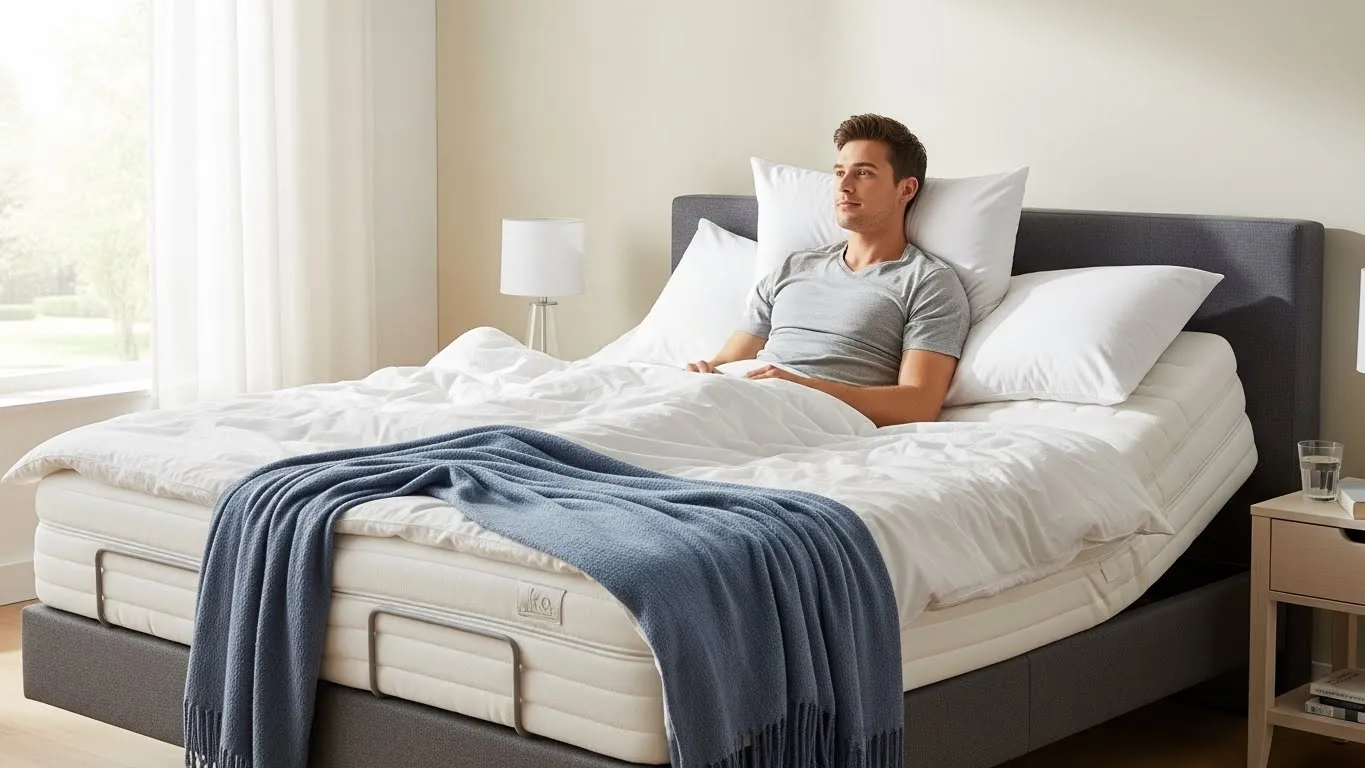Man sitting on adjustable bed with white bedding and blue throw blanket, showcasing comfort options for sleep quality, relevant to adjustable bases and mattress selection.