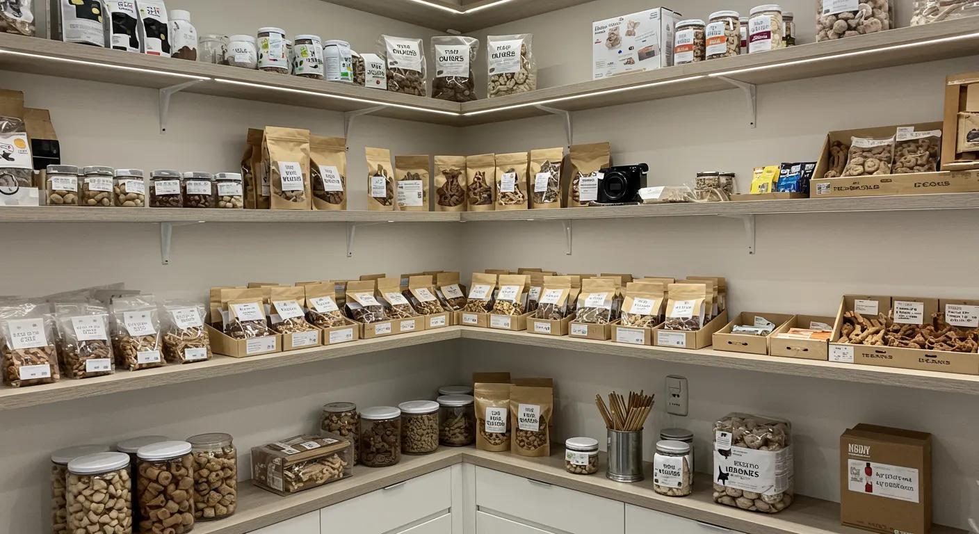 a well-organized modern pet supply e-commerce workspace showcases a carefully curated selection of premium natural soft dog treats prominently displayed on sleek shelving, illuminated by bright, even lighting to highlight their quality and appeal. a well-organized modern pet supply e-commerce workspace showcases a carefully curated selection of premium natural soft dog treats prominently displayed on sleek shelving, illuminated by bright, even lighting to highlight their quality and appeal.