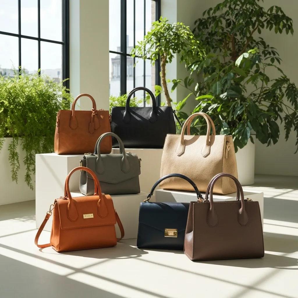 A selection of sustainable luxury handbags made from eco-friendly materials, highlighting innovation in ethical fashion