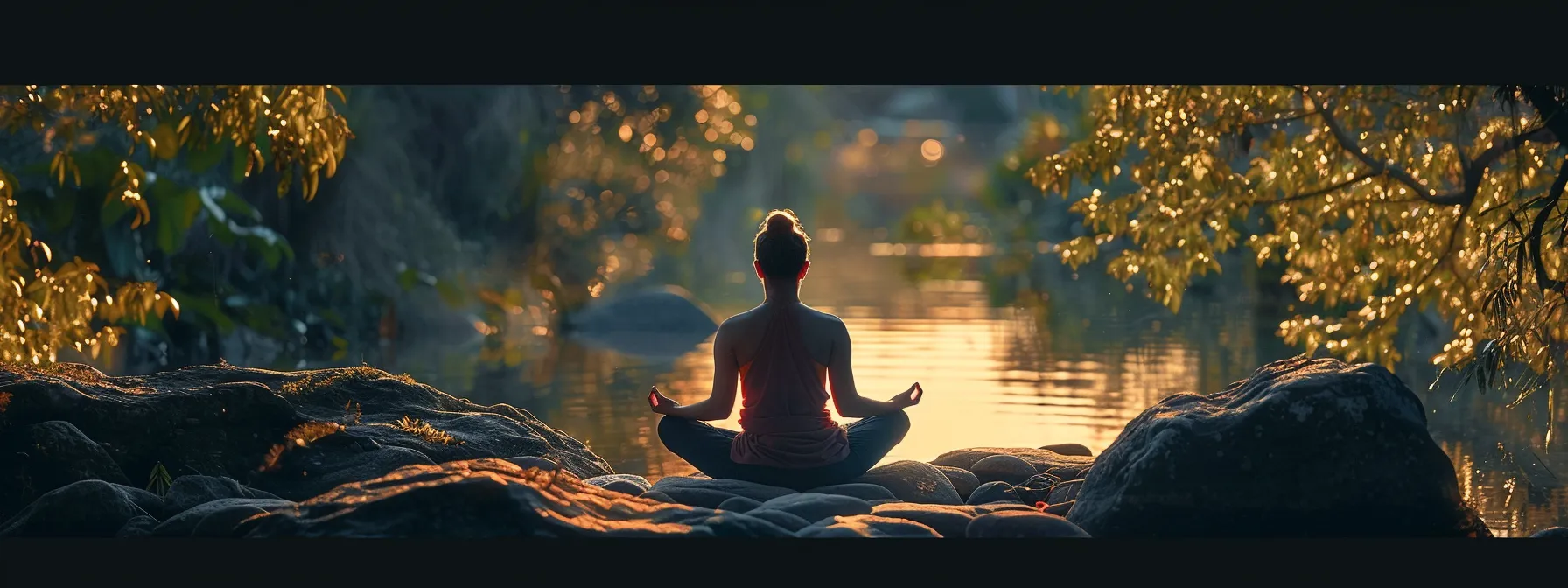 a person meditating in a peaceful outdoor setting surrounded by nature.