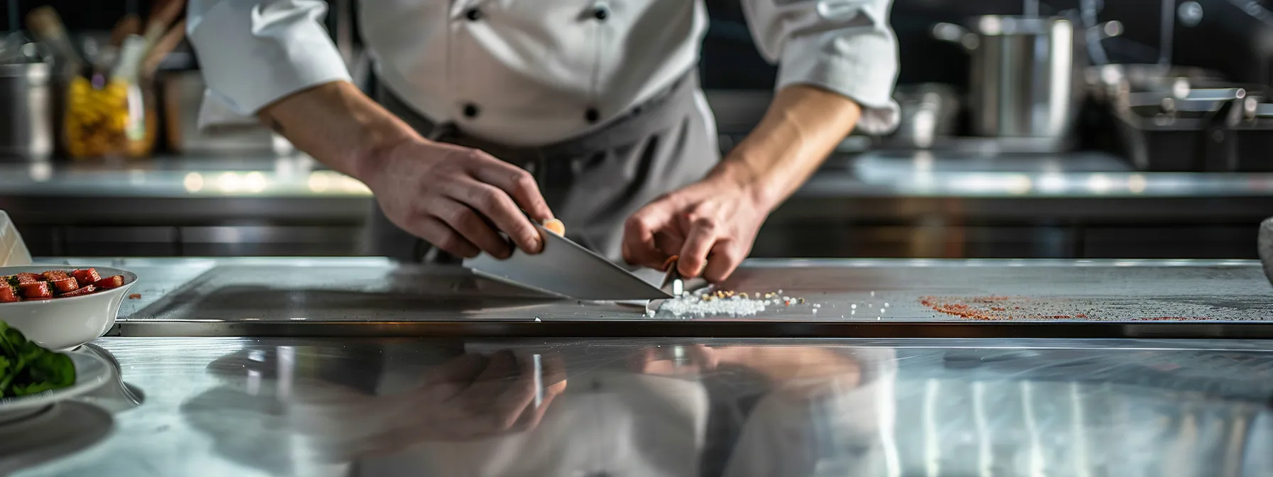 a chef carefully selecting between a manual and electric knife sharpener on a sleek, stainless steel kitchen counter.