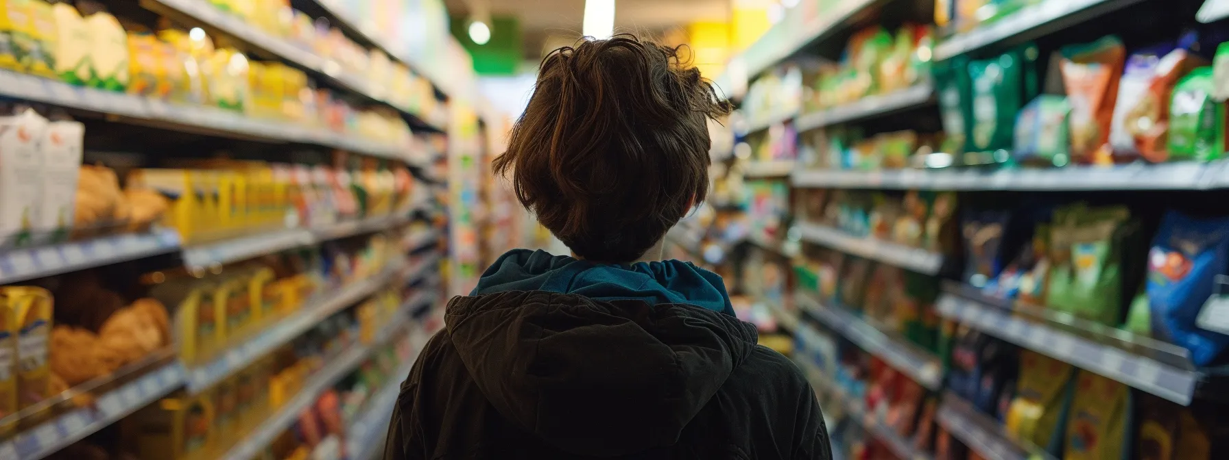 a person standing in a grocery store aisle, comparing labels on processed food items with organic whole foods.