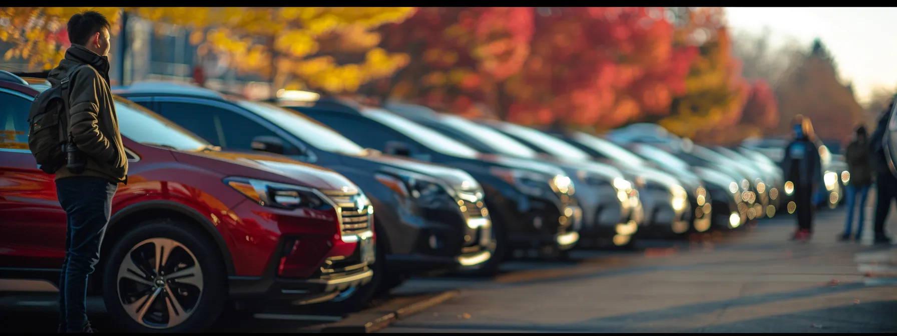 a person standing in front of a lineup of different used hatchback cars, comparing insurance costs for models like the subaru outback and toyota avalon.