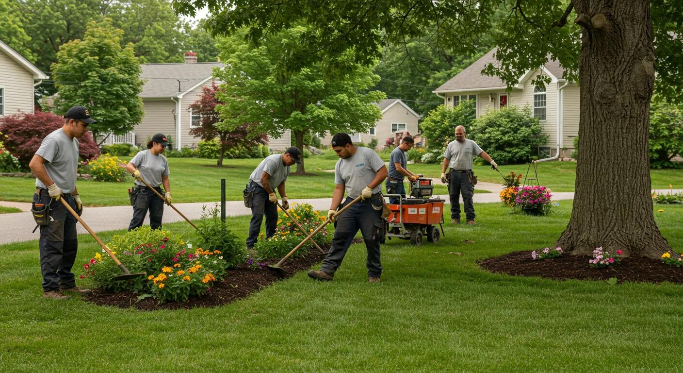 Local landscaping team working in a Minnesota neighborhood with residential backdrop