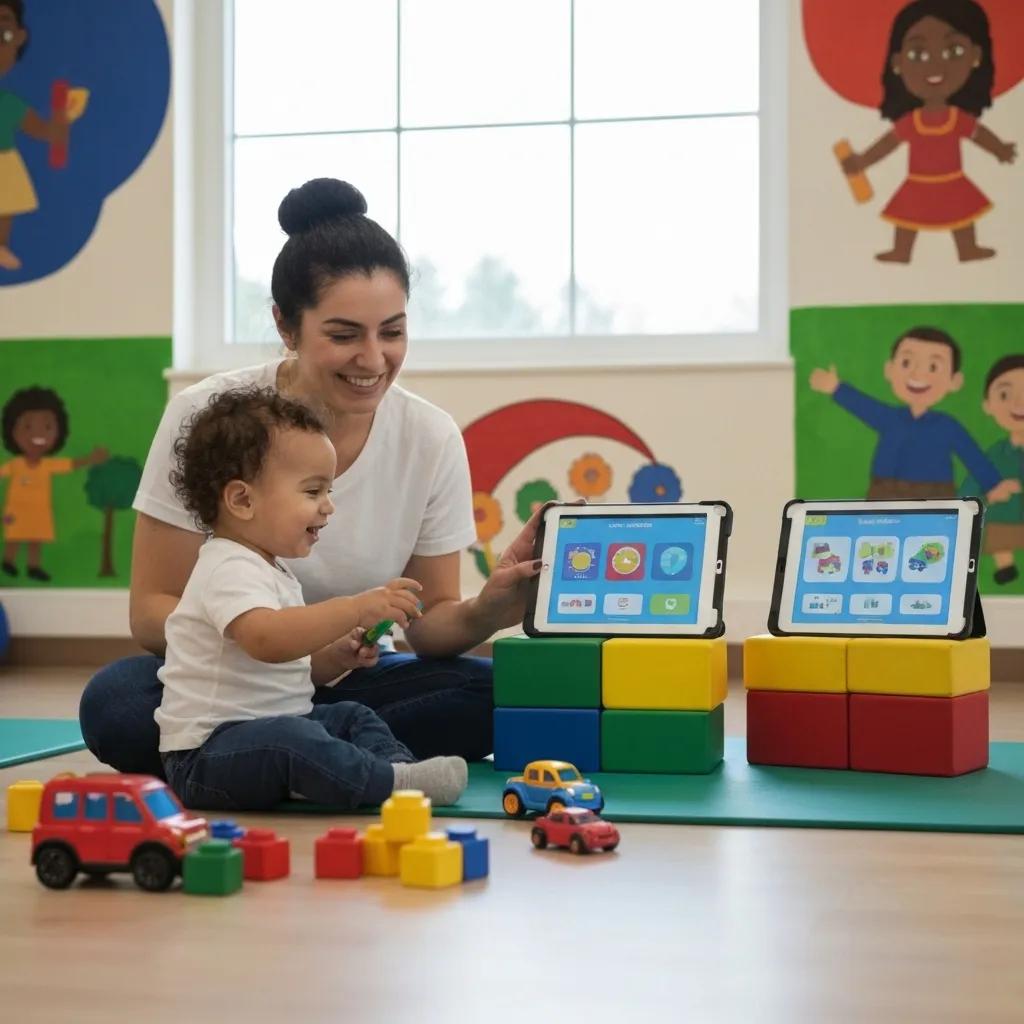 Toddler engaging in early intervention therapy with a therapist in a colorful learning environment