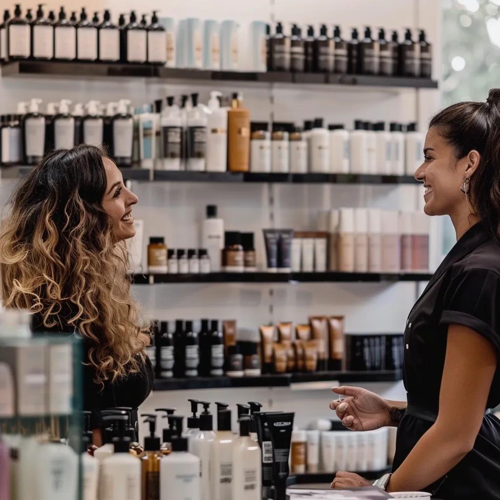 Professional salon environment showcasing a stylist discussing wholesale haircare products with a client