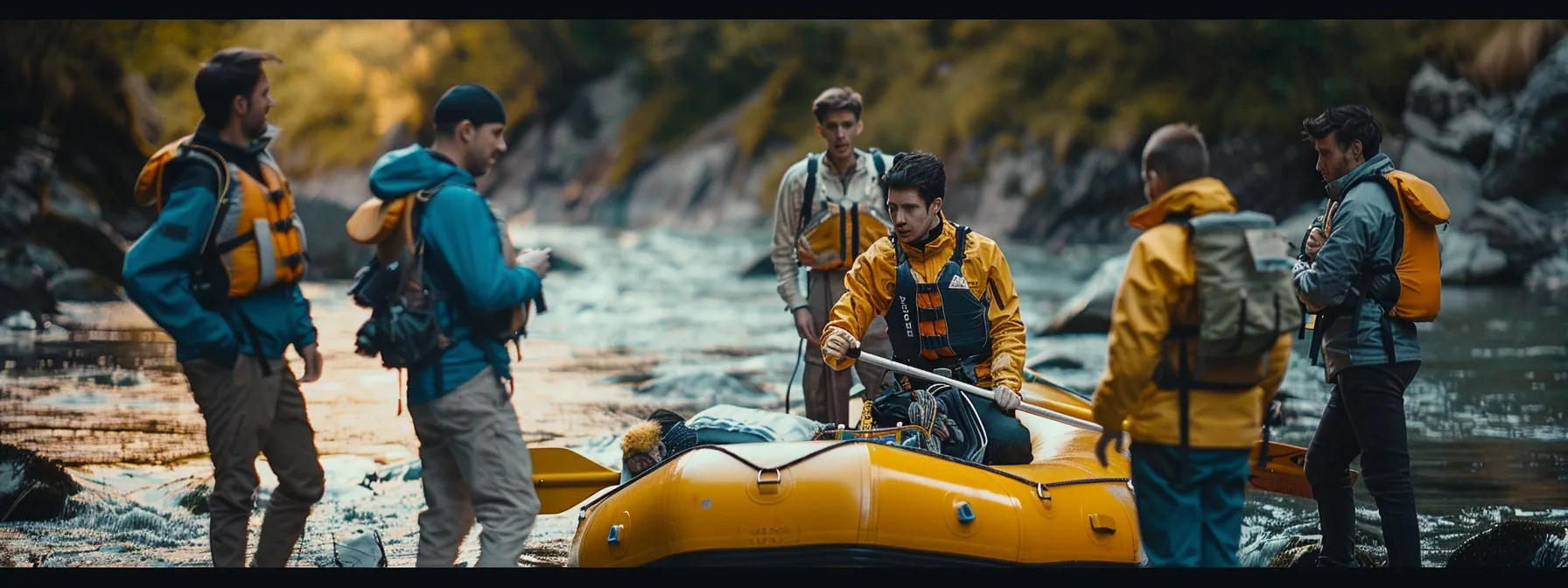 a group of people gathering around a raft, discussing their roles and ensuring everyone is on the same page before embarking on a rafting journey.