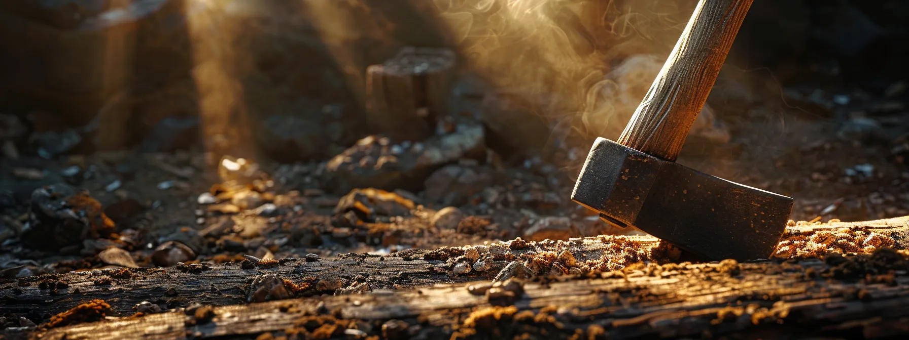 a gleaming bronze axe, standing proudly on a rough-hewn wooden surface, symbolizing the innovative shift from stone to metal tools in human history.