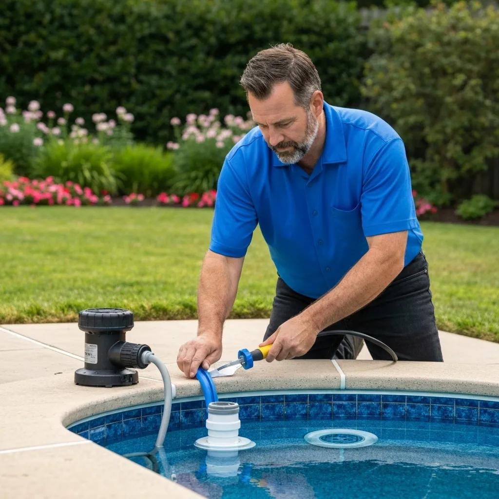 Professional pool technician demonstrating winterization services for Canton homeowners