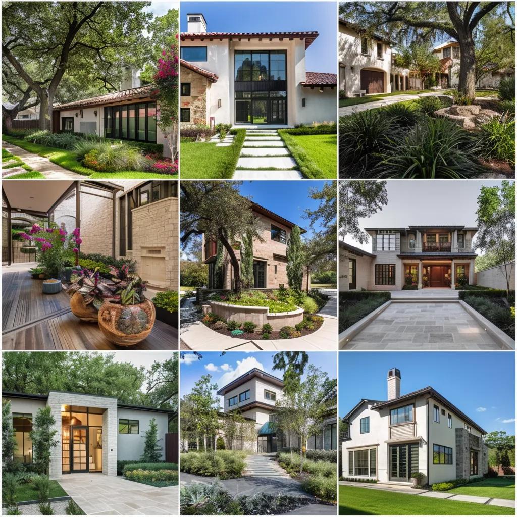 Collage of architectural styles in Houston with corresponding landscaping features