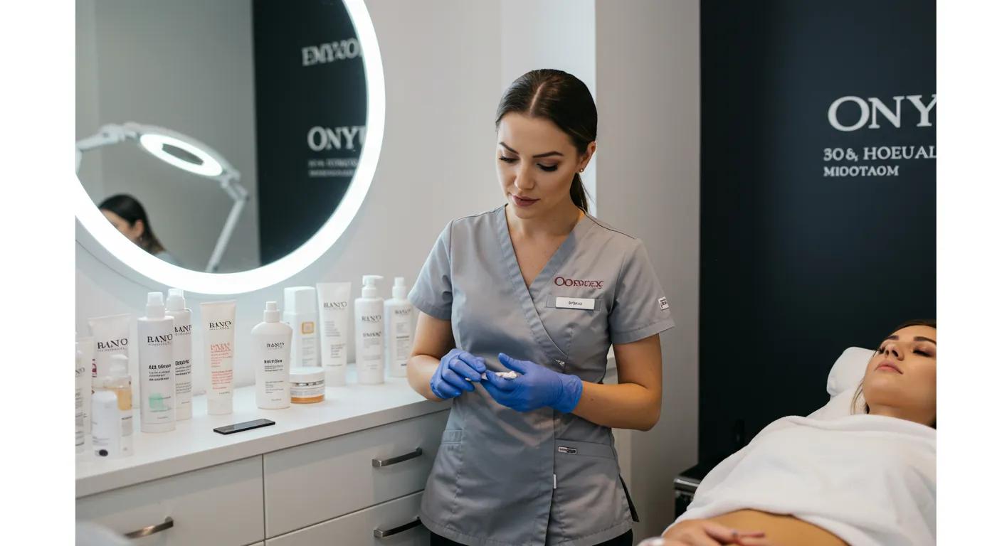 a sleek, modern beauty salon interior features a professional esthetician consulting a client, with waxing products artfully displayed on a countertop, emphasizing personalized choices between hollywood and bikini waxing options.