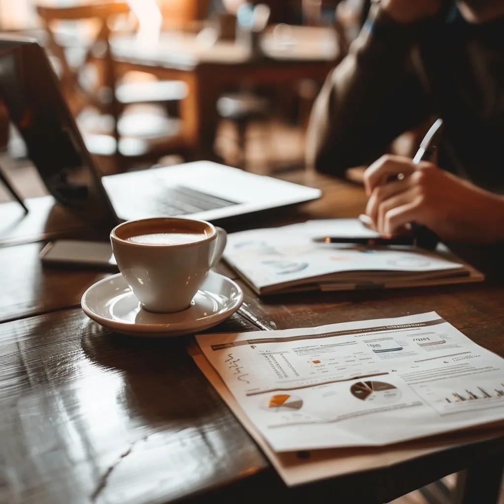 Stockbroker and client discussing personalized investment strategies over coffee, showcasing tailored financial planning