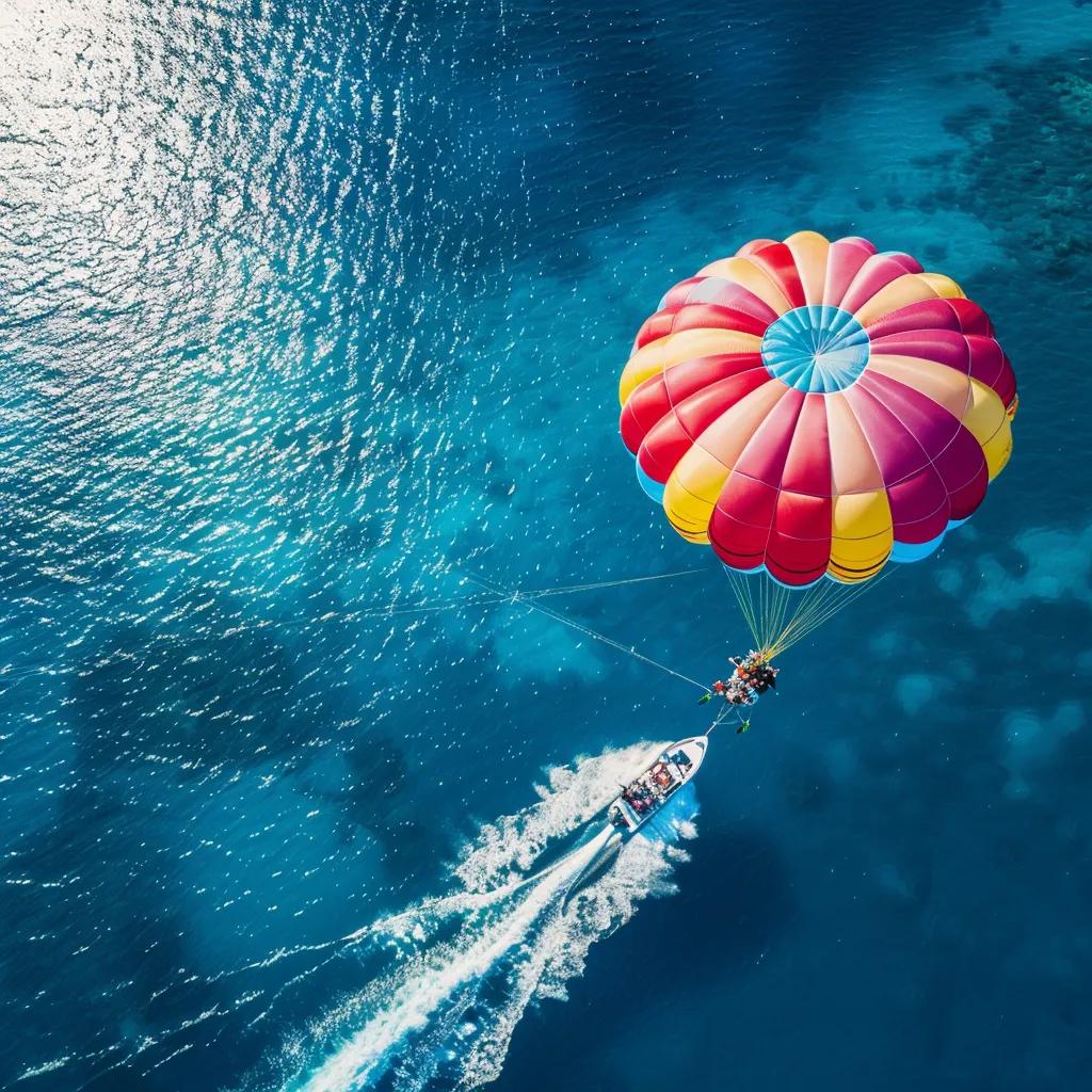 Parasailing setup with a colorful parachute being towed by a boat on a sunny day
