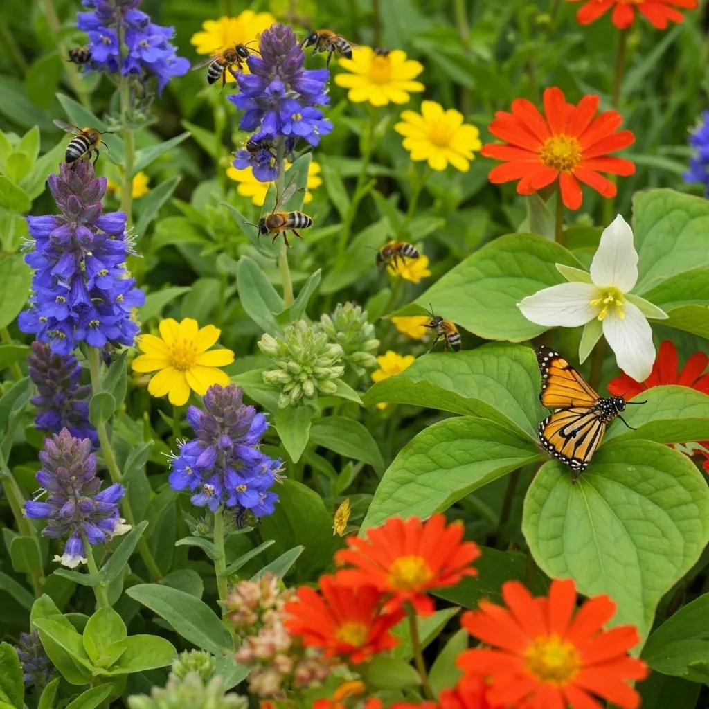 Close-up of native plants in Michigan garden with pollinators