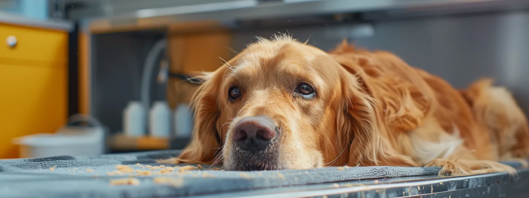 a dog receiving a luxurious grooming treatment at a professional boarding facility.