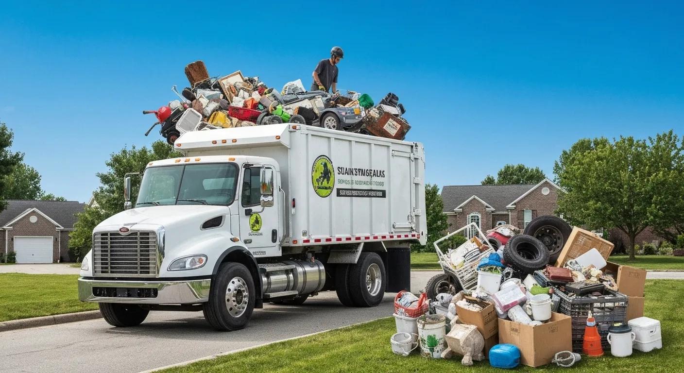 Junk removal truck loading various items in a suburban neighborhood Junk removal truck loading various items in a suburban neighborhood