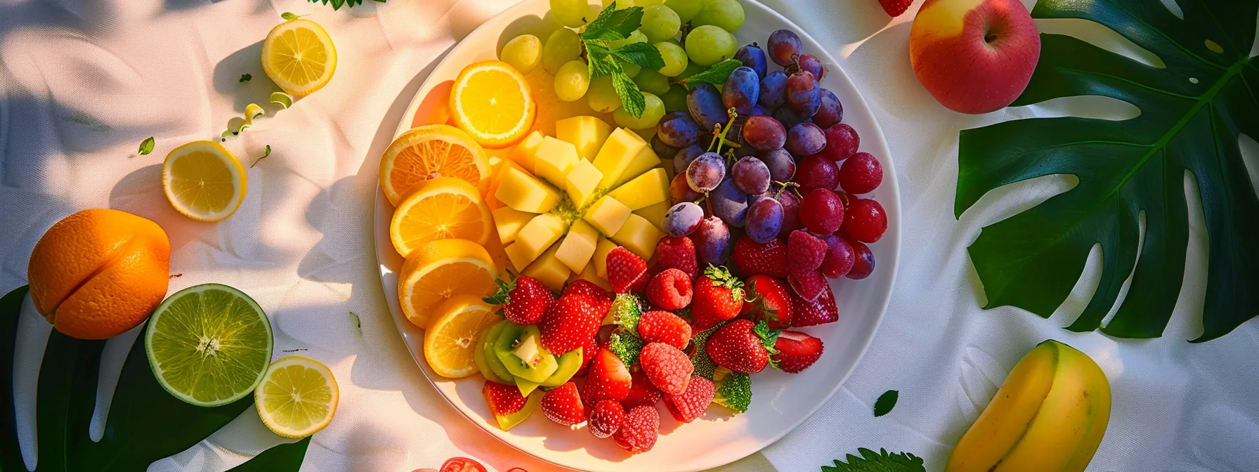 a colorful array of fruits and vegetables on a child's plate, surrounded by protein and carbohydrates, embodying the essence of a balanced diet for growing children.