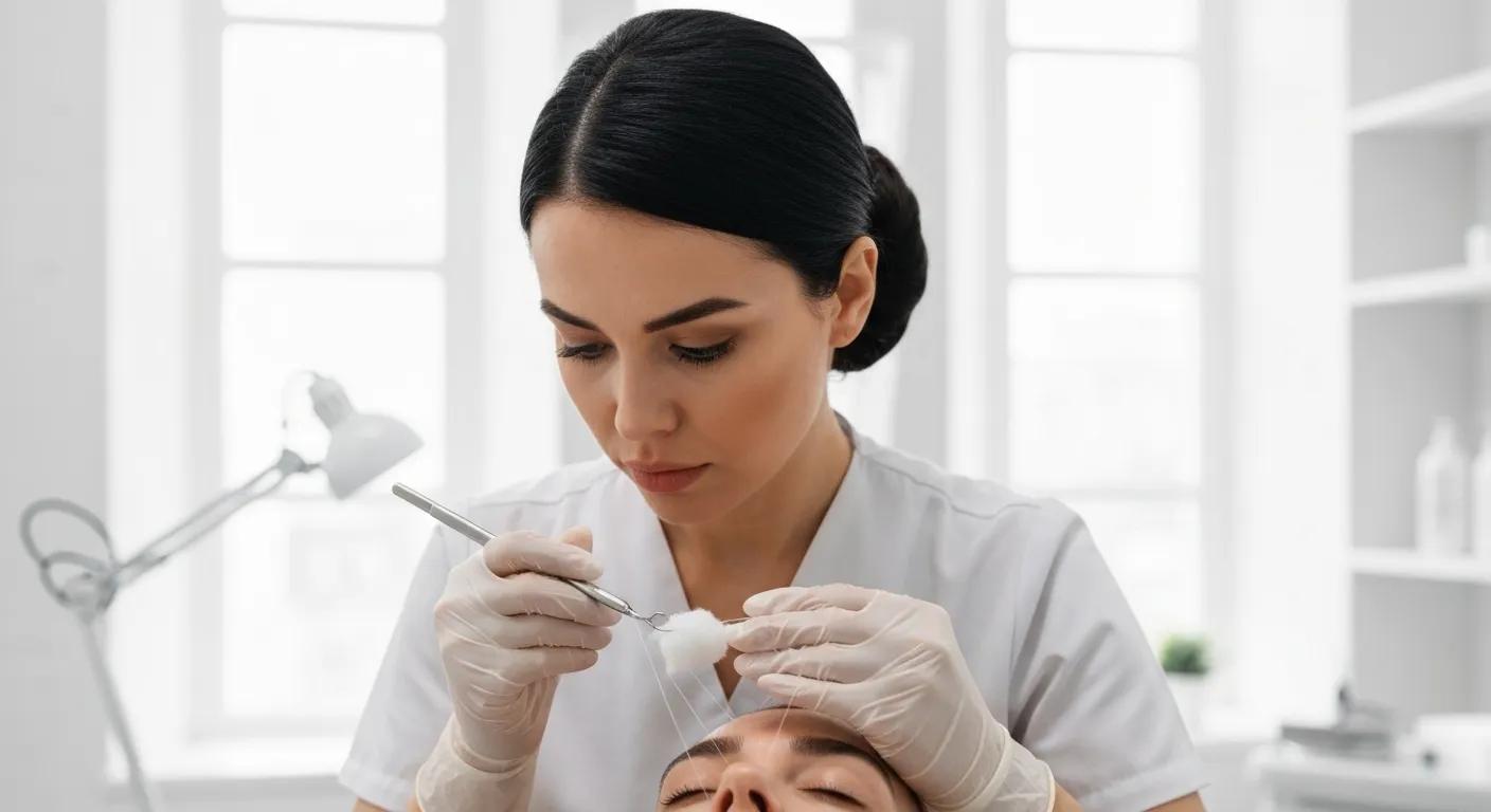 Salon technician demonstrating strict hygiene practices, using sterilized tools and fresh cotton threads in a facial threading studio