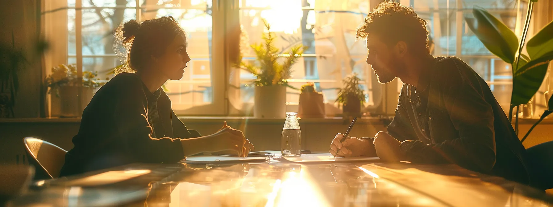 two individuals sitting at a table, pen in hand, discussing and strategizing fitness partnership goals.