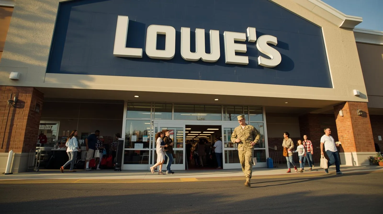 Military service member leaves Lowe’s store offering daily military discounts.