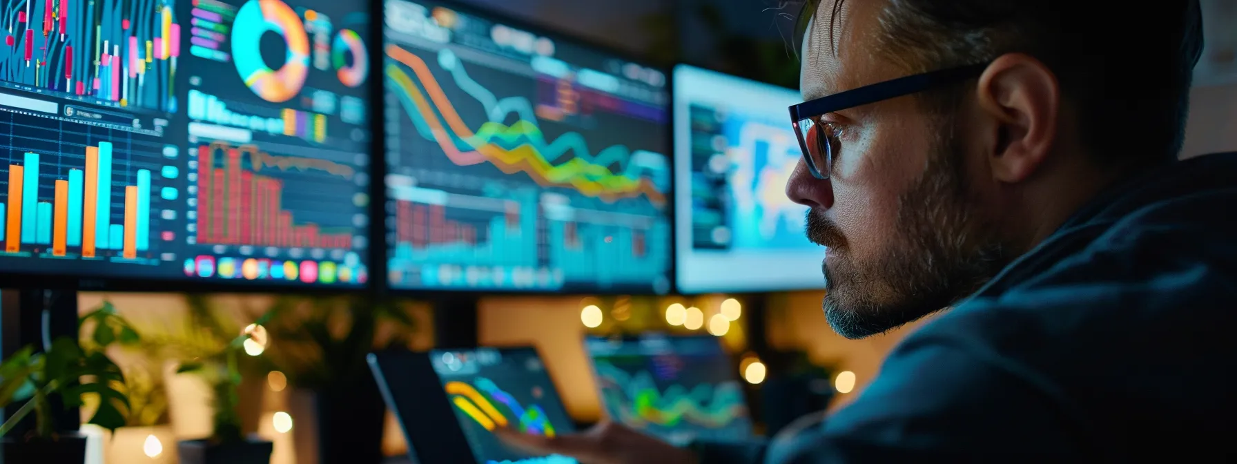 a person studying a colorful, detailed analytics dashboard on a computer screen, with graphs and charts showing website performance metrics for holistic seo monitoring.