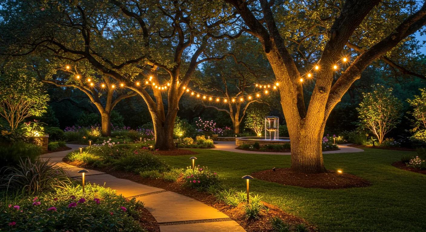 Nighttime garden scene with various landscape lighting options illuminating pathways and trees Nighttime garden scene with various landscape lighting options illuminating pathways and trees