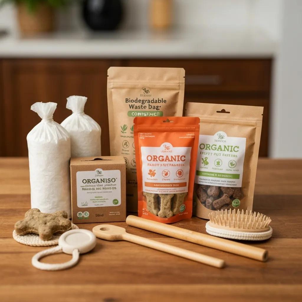 A selection of sustainable pet products, including biodegradable bags and organic treats
