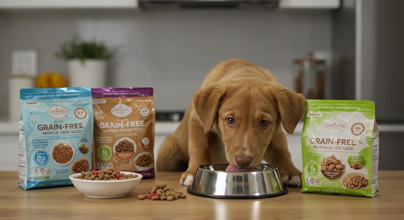 a vibrant puppy eagerly enjoying a bowl of grain-free food, surrounded by colorful packaging highlighting its benefits, set against a sleek, modern kitchen backdrop that emphasizes health and nutrition. a vibrant puppy eagerly enjoying a bowl of grain-free food, surrounded by colorful packaging highlighting its benefits, set against a sleek, modern kitchen backdrop that emphasizes health and nutrition.