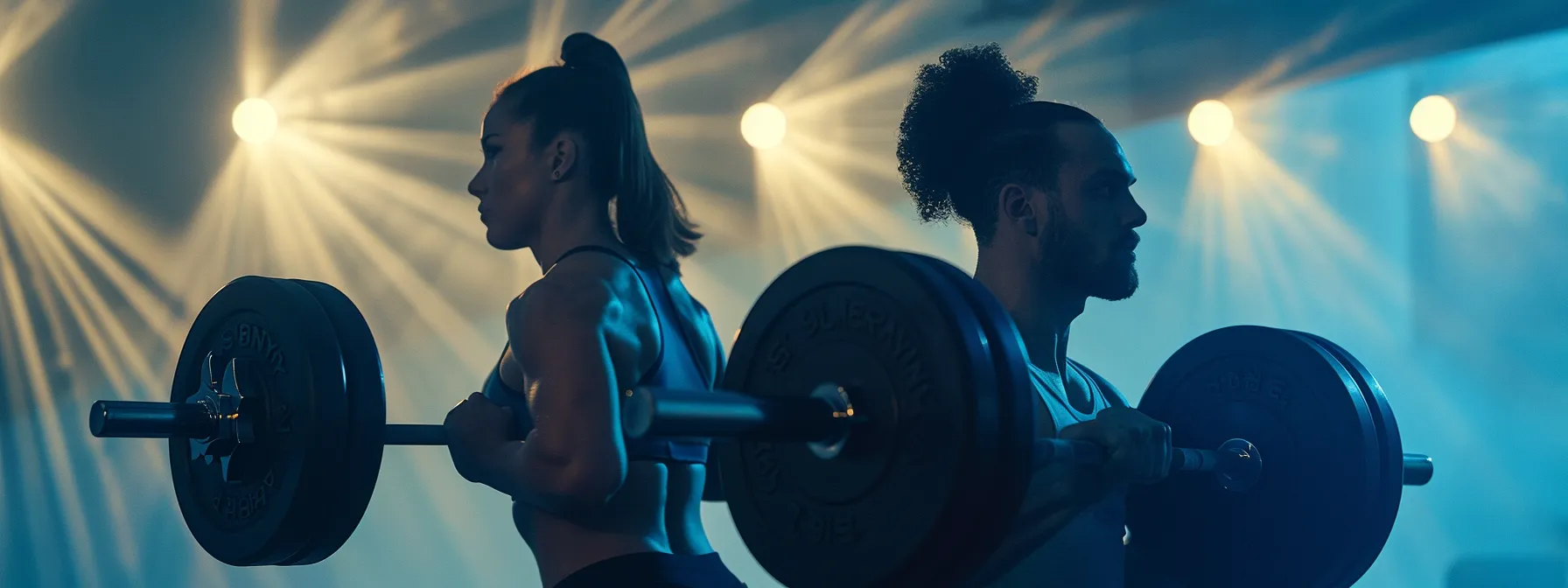 two people lifting weights together in synchronized harmony.