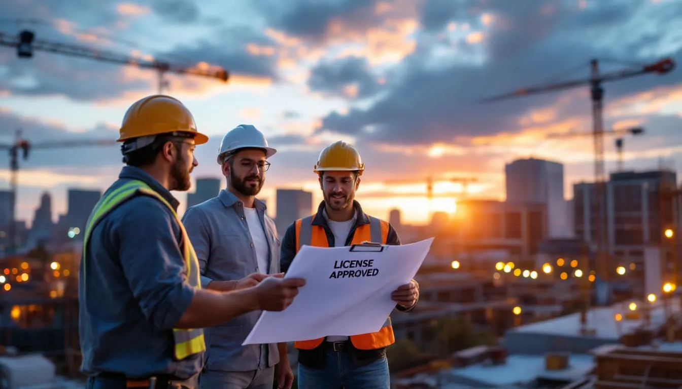 commercial construction scene, featuring contractors in hard hats reviewing blueprints at a job site