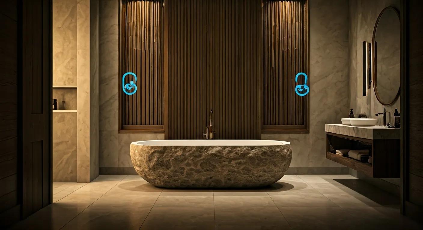 Opulent luxury bathroom showcasing a freestanding stone bath and high-end features