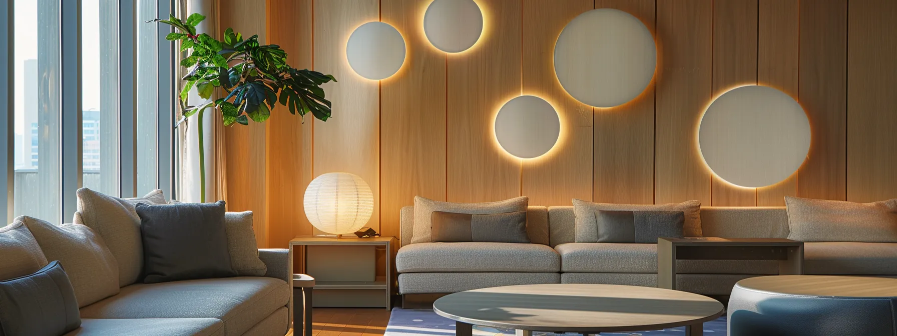 a beautifully arranged series of identical circular wall decorations leading the eye in a seamless flow through a stylishly designed living room.