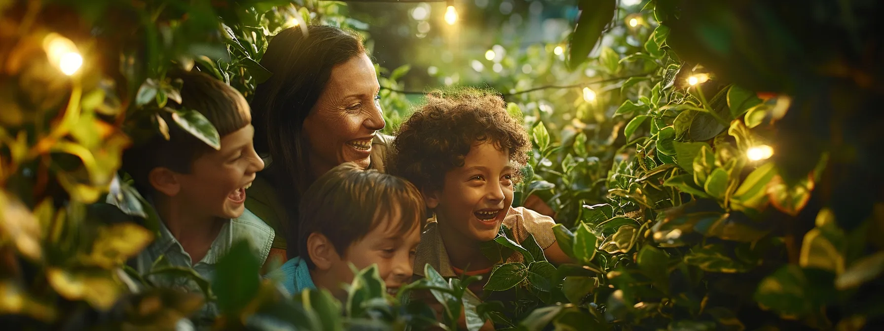 a family smiles and laughs as they explore the maze at york maze together.