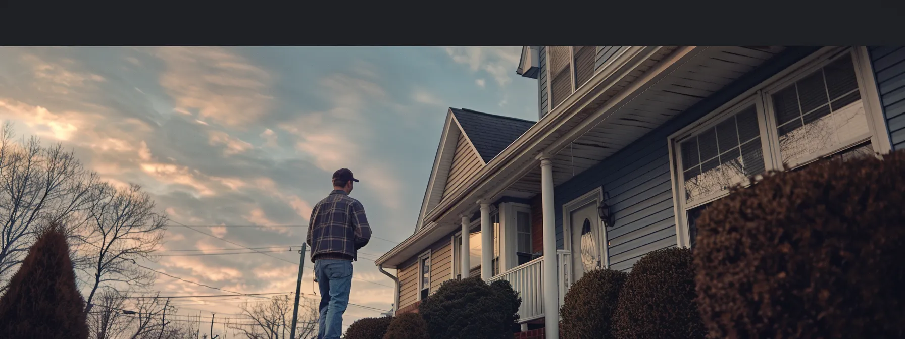 a homeowner inspecting siding for damage along the roof line.