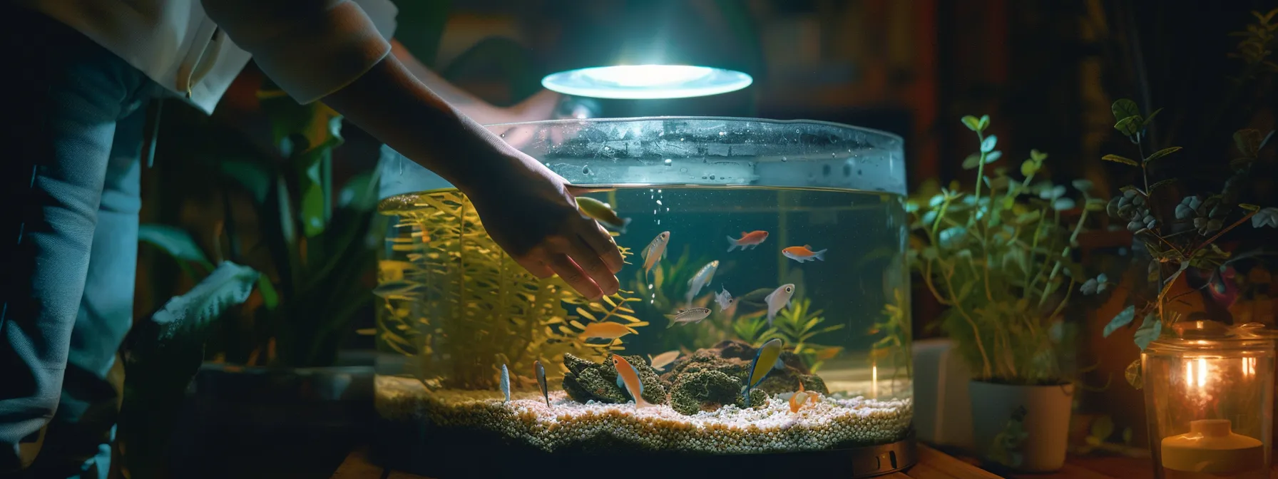 a person carefully testing the water quality of a fish tank.