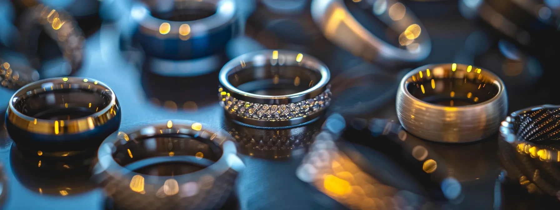 a collection of modern men's wedding rings displayed in a stylish and innovative fashion.