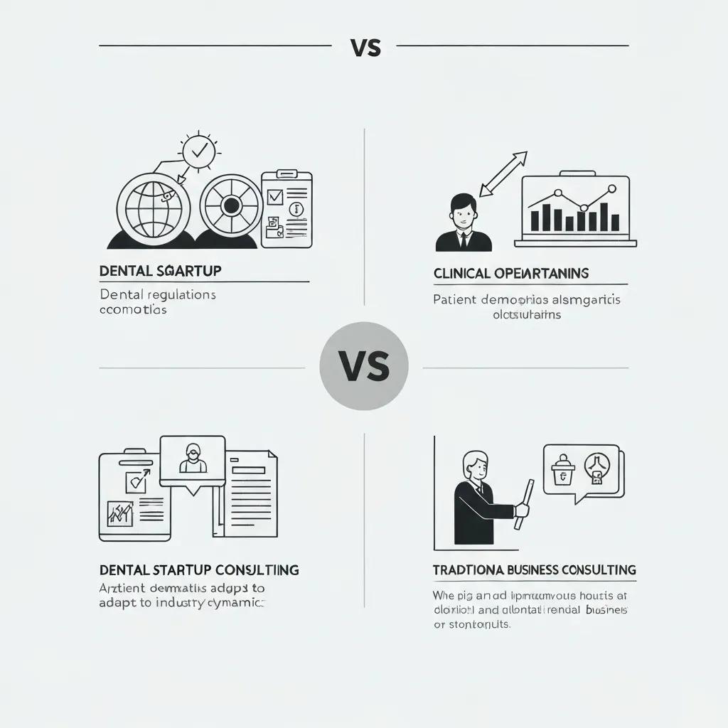 Visual representation of key differences between dental startup consulting and traditional business consulting, highlighting industry-specific knowledge