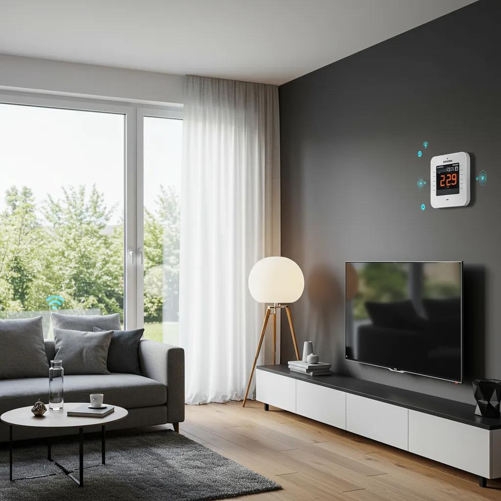 Modern living room featuring smart home technology with automated lighting and smart thermostat