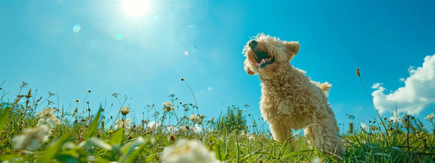 a dog happily playing in a grassy field with a bright blue sky above.