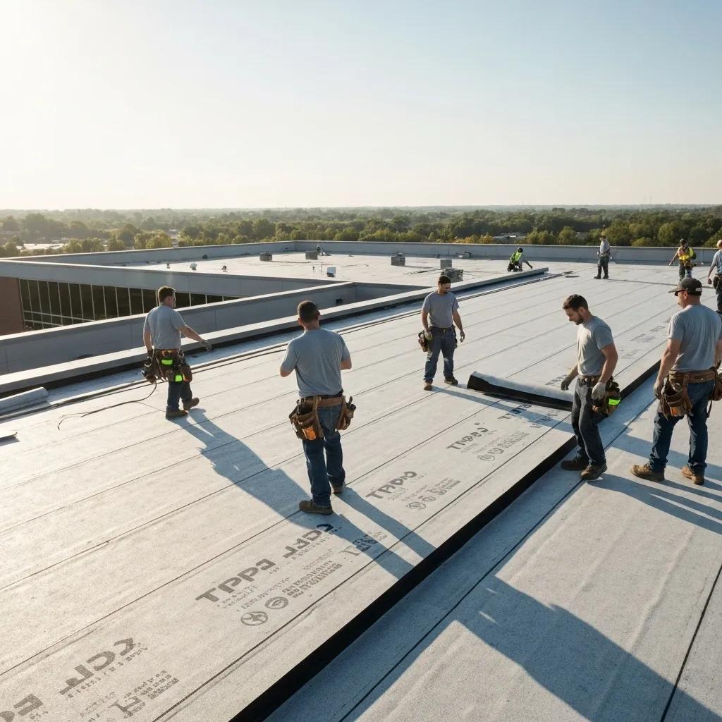 Workers installing TPO membrane roofing on a commercial building in Saint Louis, representing popular roofing solutions Workers installing TPO membrane roofing on a commercial building in Saint Louis, representing popular roofing solutions